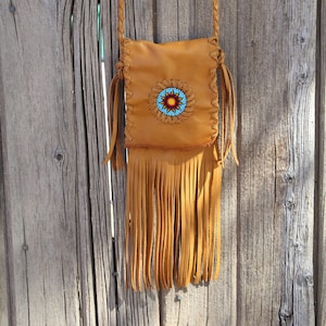 Leather crossbody bag, beaded crossbody bag ,   Leather phone bag ,  Fringed phone purse , Leather handbag, sunflower beadwork