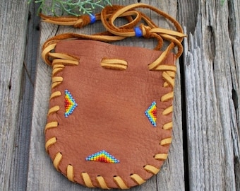 Beaded medicine bag ,  Drawstring medicine bag , Beaded leather pouch , Beaded leather bag