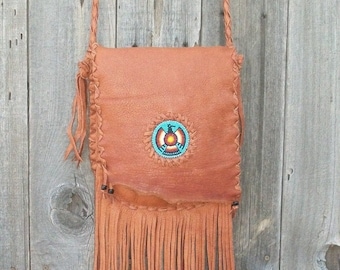 Southwestern style handbag , Beaded leather purse , Beaded thunderbird crossbody bag , Leather handbag with fringe