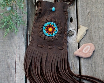 Beaded medicine bag,  beaded amulet bag , necklace bag , handmade beadwork , handmade leather pouch