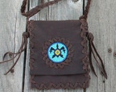 Leather passport bag , Beaded turtle bag ,  small leather bag , boho native style