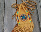 Rainbow bag , hippie bag ,  fringed drawstring shoulder bag with a turtle totem and rainbow beadwork