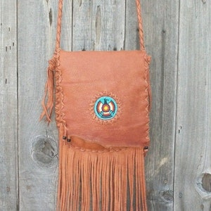 Southwestern style handbag , Beaded leather purse , Beaded thunderbird crossbody bag , Leather handbag with fringe