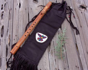 Hummingbird flute bag , brown leather flute case , beaded hummingbird bag