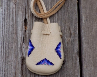 beaded medicine bag , necklace bag , buckskin leather pouch