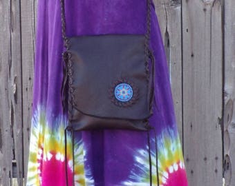 Brown Leather Crossbody Bag, Beaded Starburst, Handmade