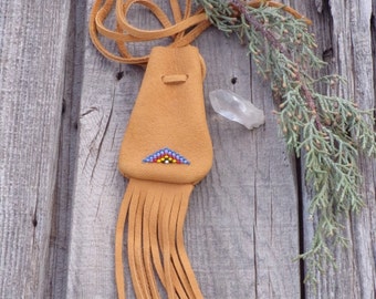 Leather medicine bag with fringe , Beaded amulet bag , Necklace pouch , Special gift bag , Fringed leather bag