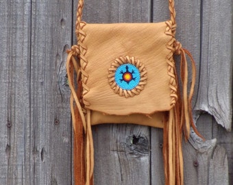 Fringed  leather purse ,  Beaded turtle totem , Crossbody phone case , Beaded leather handbag