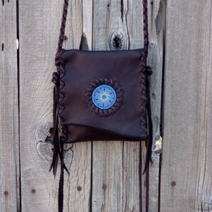 Leather Crossbody Phone Bag, Chocolate Brown Beaded Handbag image 1