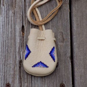 beaded medicine bag , necklace bag , buckskin leather pouch