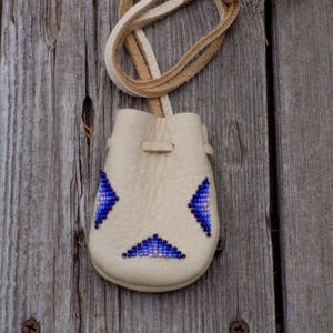 beaded medicine bag , necklace bag , buckskin leather pouch image 1