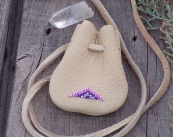 Beaded Leather Amulet Bag, Girls Gift, Powwow Pouch