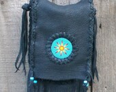 Black fringed handbag , Black leather handbag with a beaded sunburst , Leather bag Beaded flower , Black leather