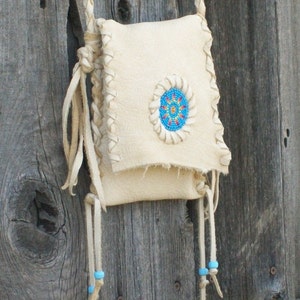 Beaded leather purse , Handmade crossbody shoulder bag , Sunburst beadwork ,Cell phone bag , Camera case image 3