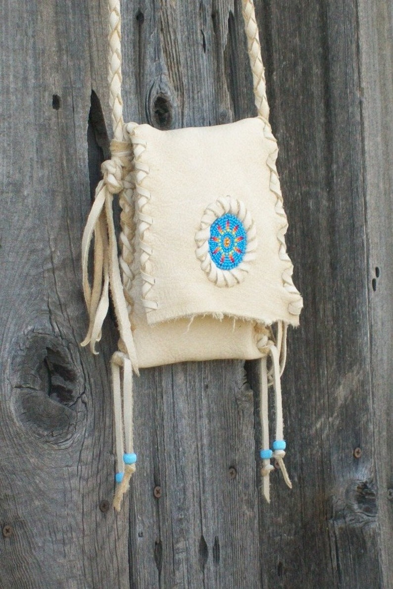 Beaded leather purse , Handmade crossbody shoulder bag , Sunburst beadwork ,Cell phone bag , Camera case image 3