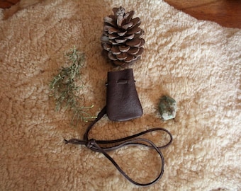 May include: A small dark brown leather pouch with a drawstring closure and a long matching leather cord for wearing around the neck. The pouch is positioned next to a large brown pinecone, a small sprig of green foliage, and a rough green stone.