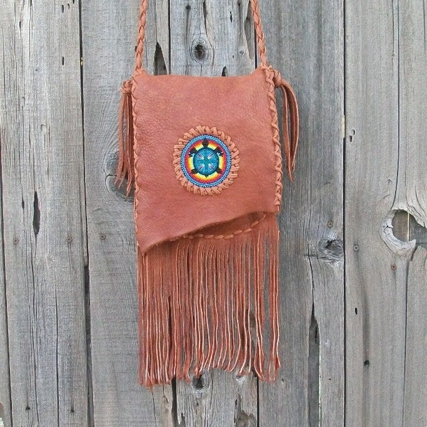 Crossbody bag with beaded turtle totem , Fringed leather handbag , Leather purse with fringe , Leather handbag with fringe