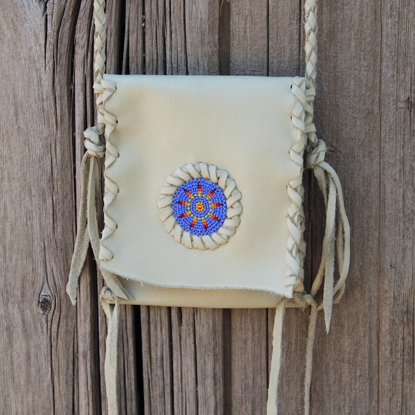 Beaded leather purse , Handmade crossbody shoulder bag , Sunburst beadwork , phone bag ,  Camera case