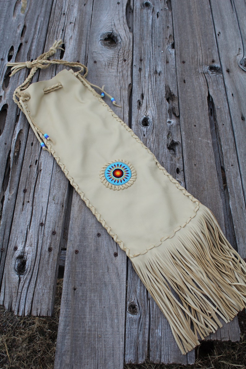 Beaded chanupa bag , Leather pipe bag , Fringed leather pipe bag image 2