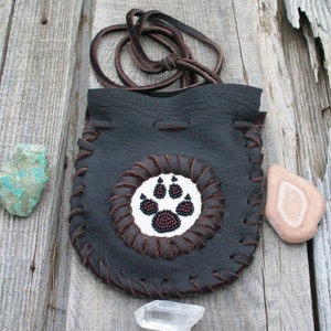 Wolf medicine bag , Leather neck pouch , Leather amulet bag, Beaded medicine bag, Talisman bag, Wolf totem , Leather medicine bag image 5