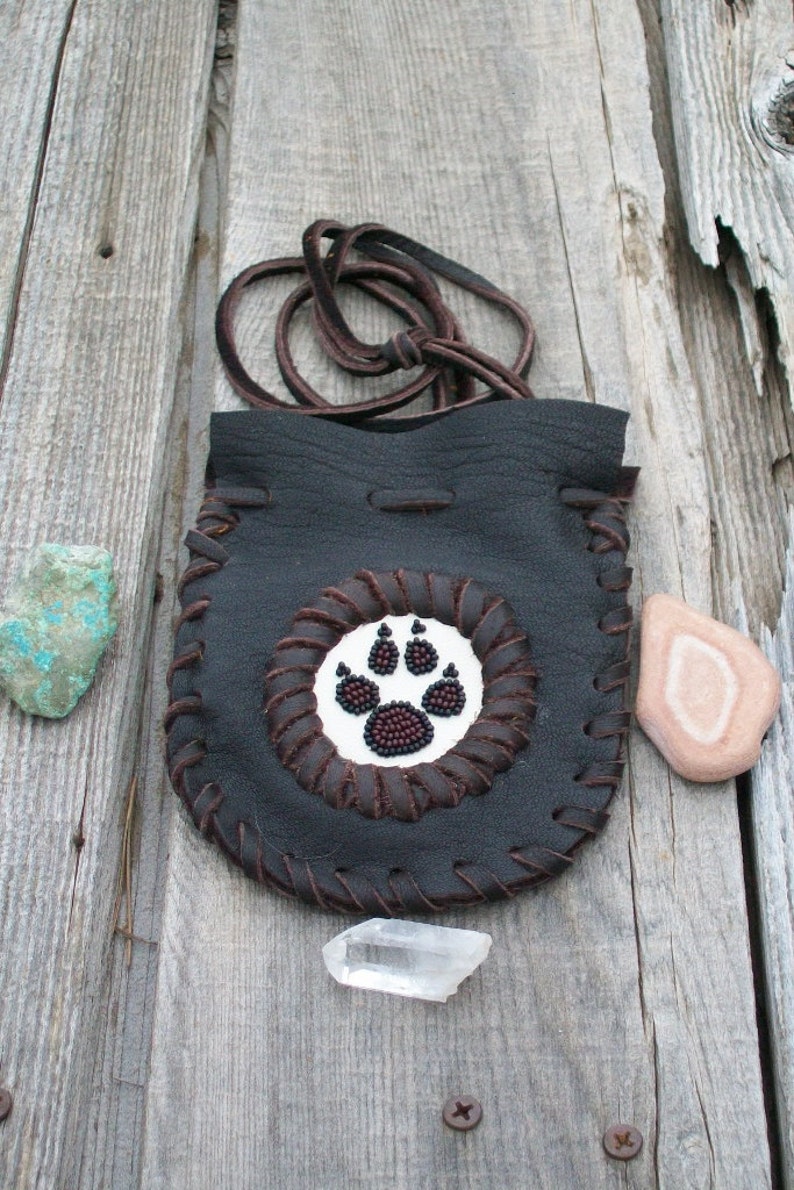 Wolf medicine bag , Leather neck pouch , Leather amulet bag, Beaded medicine bag, Talisman bag, Wolf totem , Leather medicine bag image 5