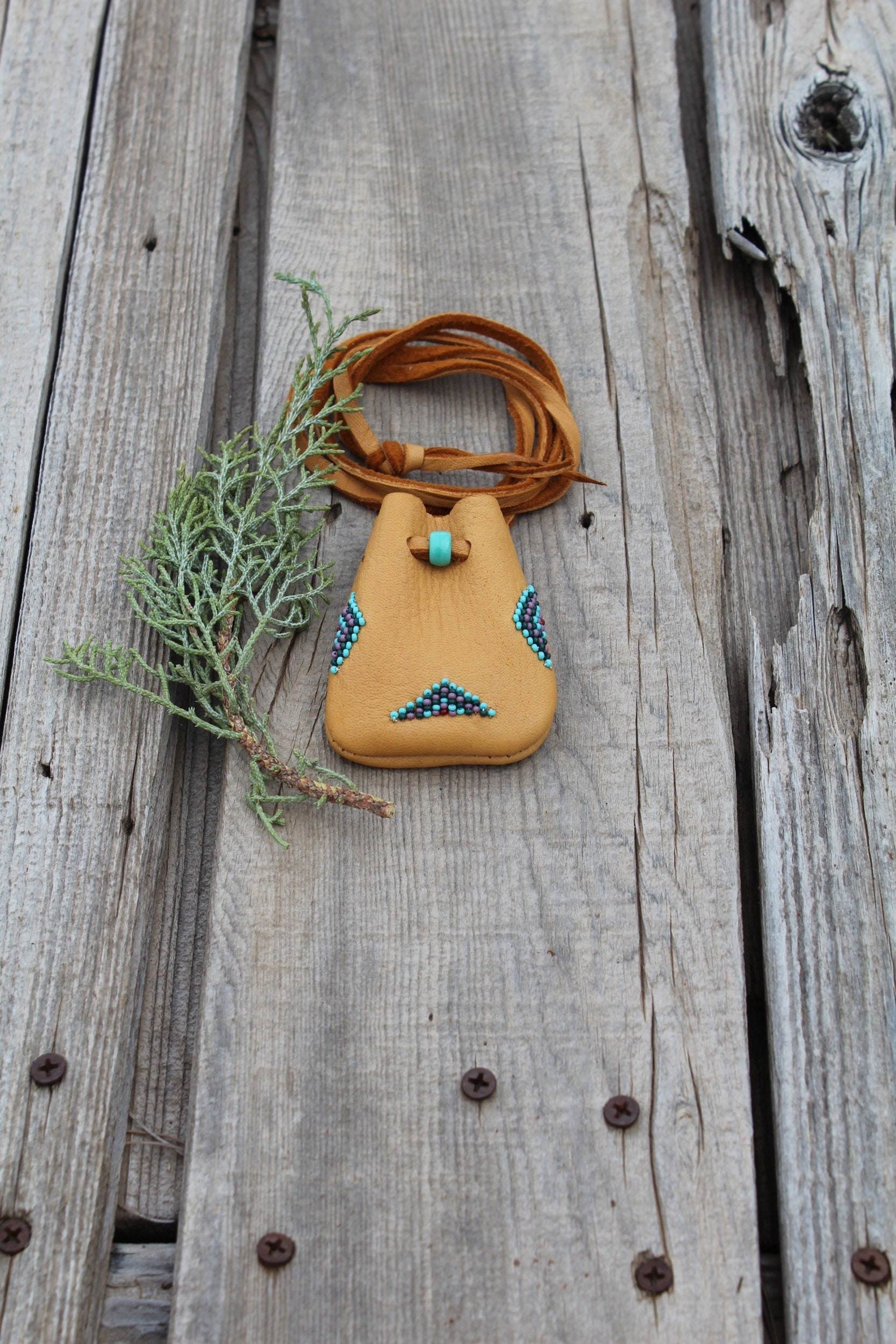 Beaded Leather Medicine Bag: Saddle Tan Amulet Pouch Necklace