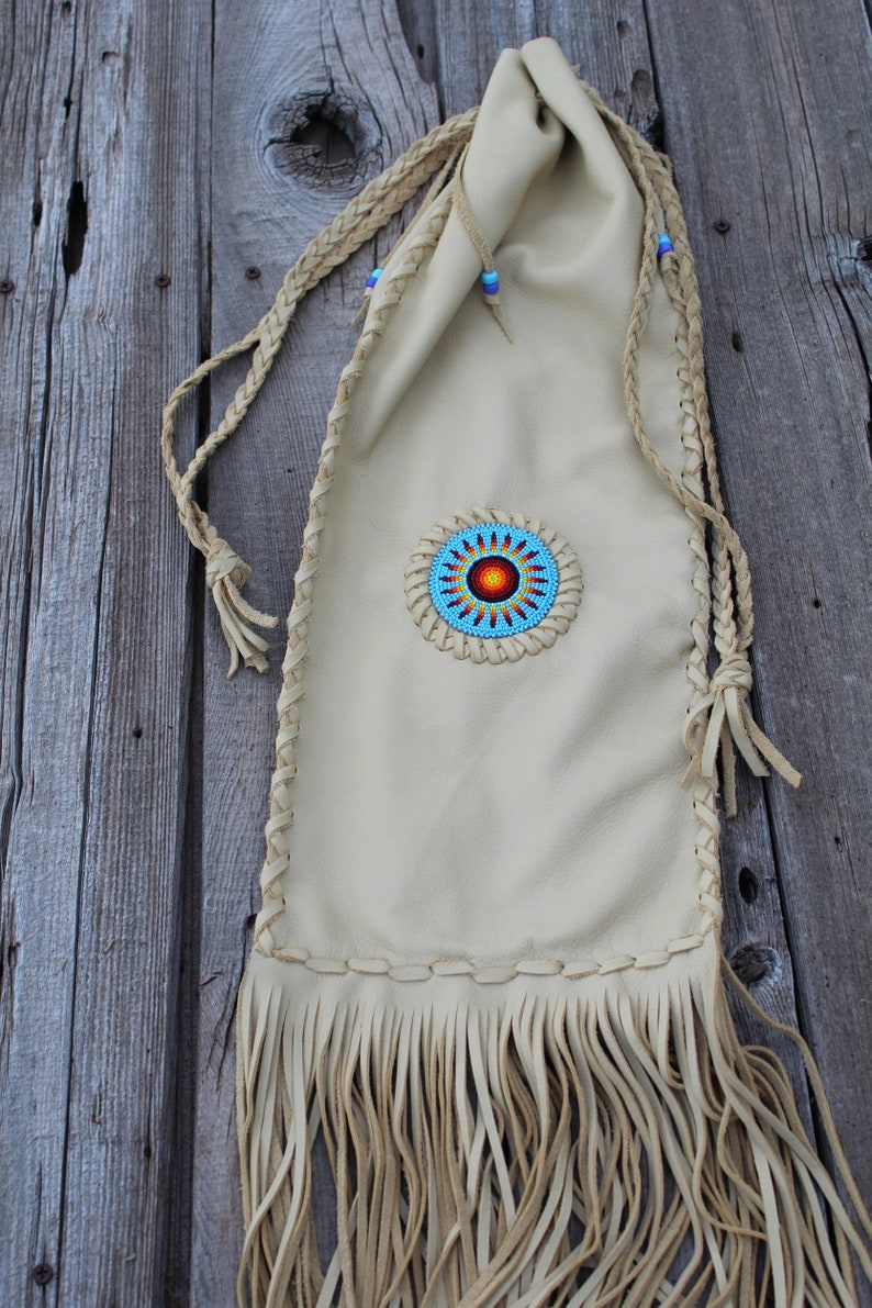 Beaded chanupa bag , Leather pipe bag , Fringed leather pipe bag image 5