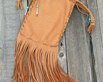 Fringed drawstring handbag , Native style cedar bag , Fringed medicine bag