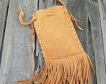 Fringed  medicine bag ,  Fringed leather cedar bag ,  Shaman's bag , Leather wrist bag