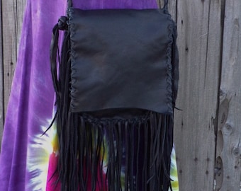 Black leather handbag with fringe , Fringed possibles bag , Crossbody bag