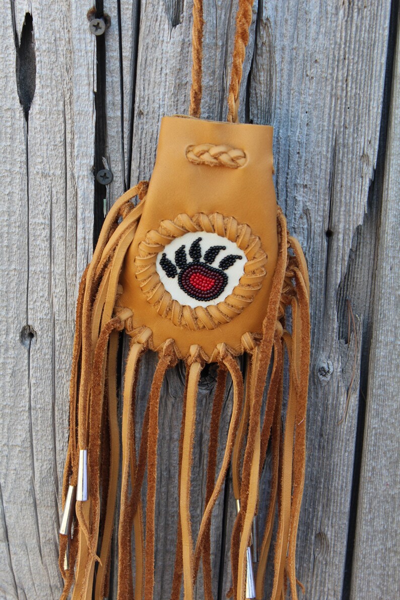 Fringed medicine bag with bear totem , Beaded amulet bag , leather necklace bag image 5