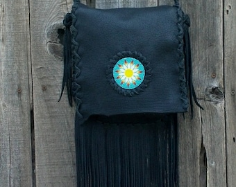 Black  handbag , Crossbody bag Fringed leather bag ,  Beaded hippie purse , Leather handbag , Custom , Beaded bag