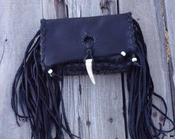 Black leather clutch , Fringed leather clutch , Leather phone case , Leather handbag