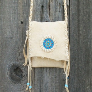 Beaded leather purse , Handmade crossbody shoulder bag , Sunburst beadwork ,Cell phone bag , Camera case image 1