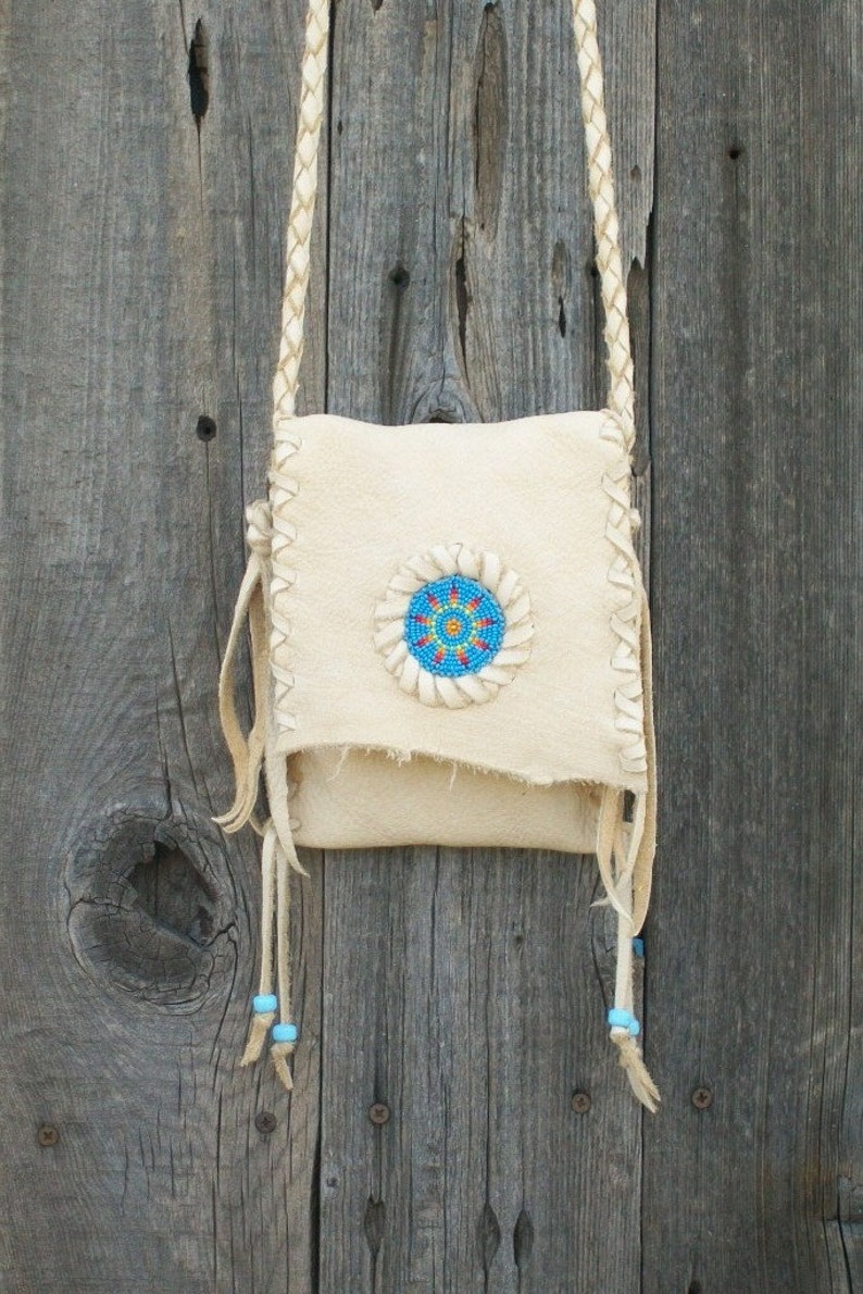 Beaded leather purse , Handmade crossbody shoulder bag , Sunburst beadwork ,Cell phone bag , Camera case image 1