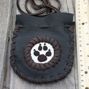 Wolf medicine bag , Leather neck pouch , Leather amulet bag, Beaded medicine bag, Talisman bag, Wolf totem , Leather medicine bag image 4