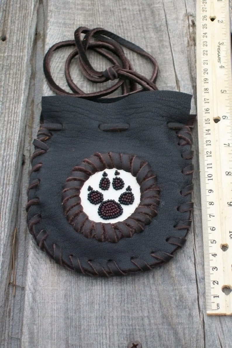 Wolf medicine bag , Leather neck pouch , Leather amulet bag, Beaded medicine bag, Talisman bag, Wolf totem , Leather medicine bag image 4