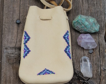 Beaded medicine bag, beaded mojo bag, large buckskin amulet bag, buckskin keepsake bag, shamans beaded bag,