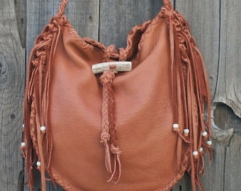 Hand Stitched Leather Fringe Tote Bag, Antler Toggle