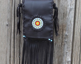 Leather crossbody handbag, beaded sunburst fringed bag