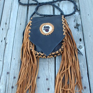 Fringed leather handbag, beaded bear paw, bear paw handbag, leather handbag, small size handbag, phone bag image 4