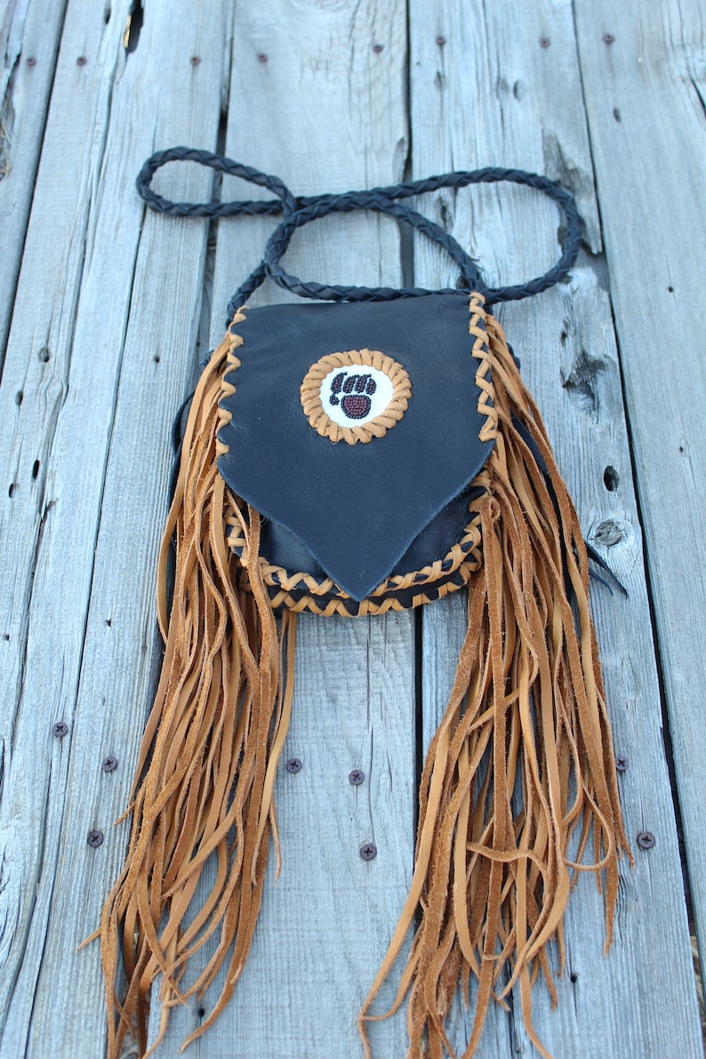 Fringed leather handbag, beaded bear paw, bear paw handbag, leather handbag, small size handbag, phone bag image 4