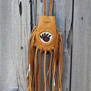 Fringed medicine bag with bear totem , Beaded amulet bag , leather necklace bag image 4