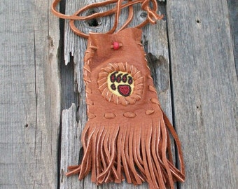 Fringed Leather Medicine Bag: Beaded Bear Paw Totem Pouch