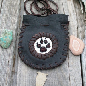 Wolf medicine bag , Leather neck pouch , Leather amulet bag, Beaded medicine bag, Talisman bag, Wolf totem , Leather medicine bag image 2