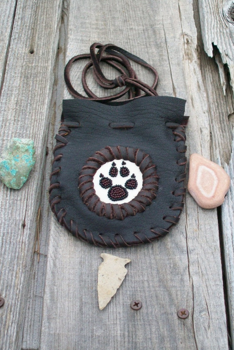 Wolf medicine bag , Leather neck pouch , Leather amulet bag, Beaded medicine bag, Talisman bag, Wolf totem , Leather medicine bag image 2