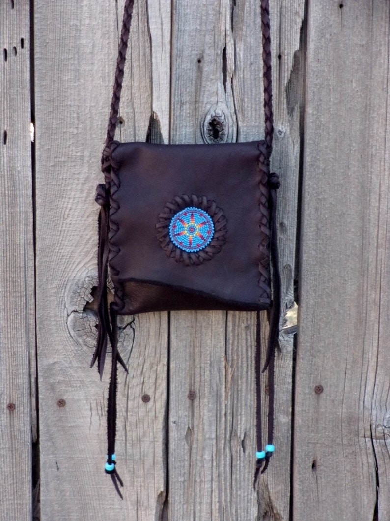 Leather Crossbody Phone Bag, Chocolate Brown Beaded Handbag image 1