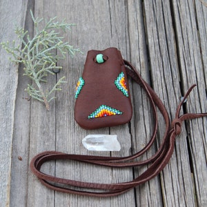 Beaded brown buckskin pouch, small leather pouch, beaded necklace bag, shamans bag, mojo leather pouch, crystal bag, medicine bag