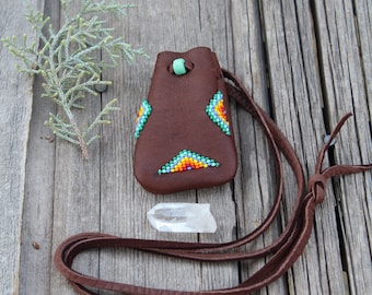 Beaded brown buckskin pouch, small leather pouch, beaded necklace bag, shamans bag, mojo leather pouch, crystal bag, medicine bag