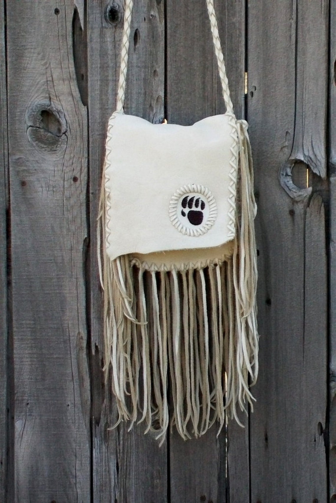 Beaded Leather Handbag With Fringe and Bear Totem , Handmade Leather ...